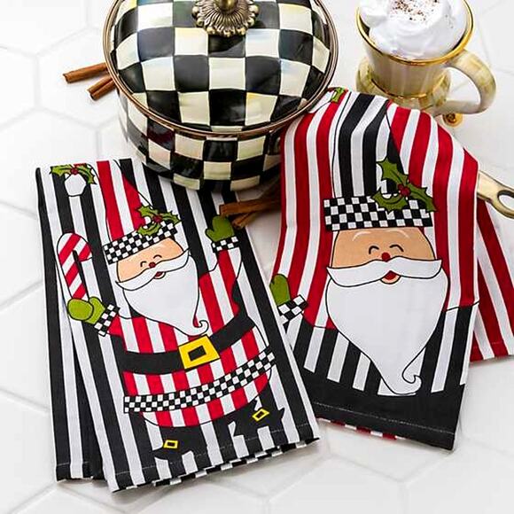 MACKENZIE-CHILDS Jolly Santa Cotton Kitchen Dish Towels Set of 2 Christmas NEW - Picture 3 of 3